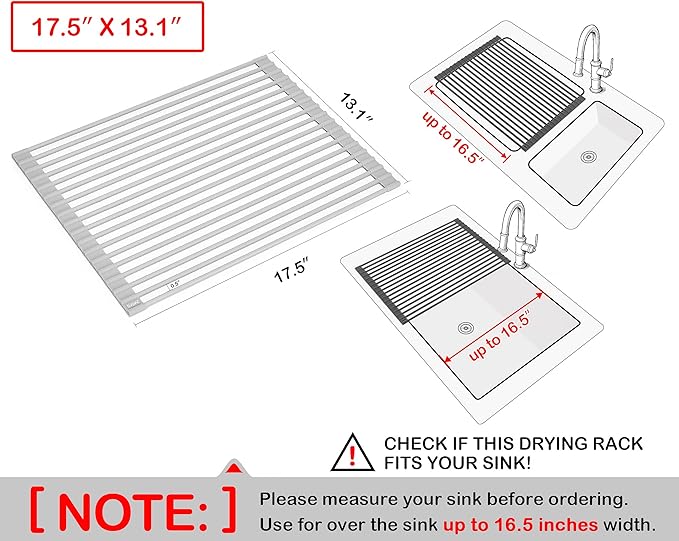 Surpahs 17.5 x 13.1 Inch Roll-Up Dish Drying Rack, Fits Across Sink Openings up to 16.5 Inches, Heavy-Duty Premium Silicone, Strong Support, Non-Slip, Heat-Resistant, Warm Gray