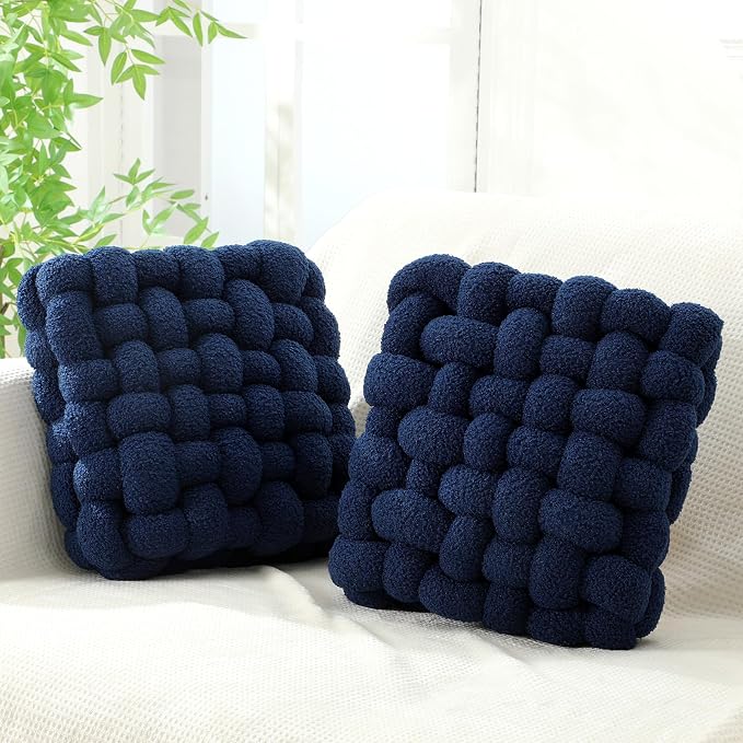 Wenqik 2 Pcs Knot Pillows Square Knotted Plush Throws Soft Accent Pillows Decoration Cushion for Couch Home Office Living Room Bedroom Bed Sofa Decor, 12'' x 13''(Navy Blue,Lambswool)