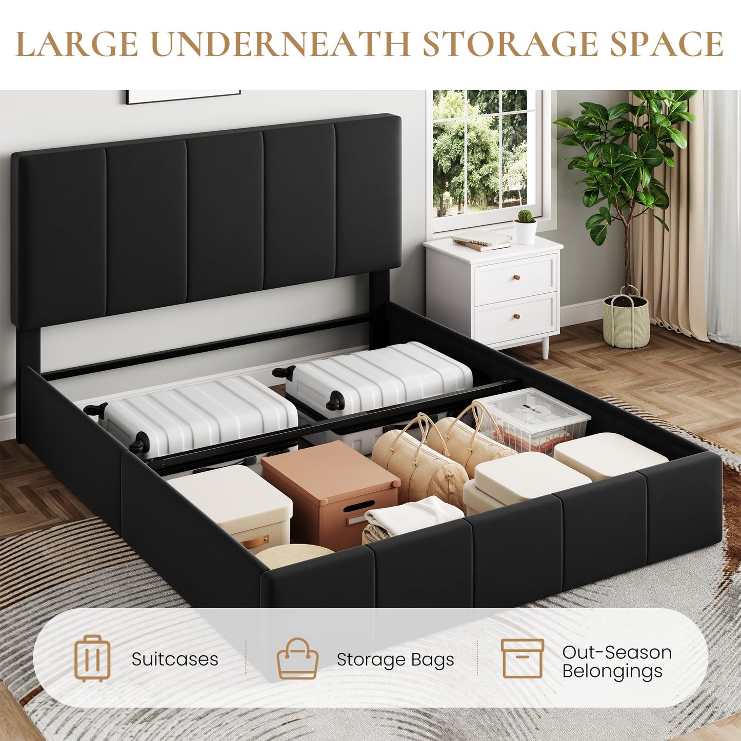 SHA CERLIN Queen Size Lift Up Storage Bed Frame, Adjustable Headboard, Hydraulic Support, Velvet Upholstered, Easy Installation, No Box Spring Needed, Black