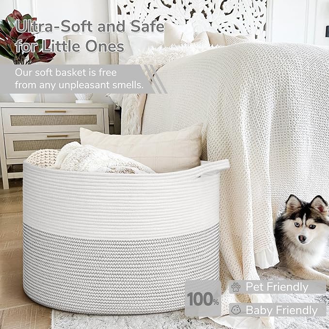 INDRESSME 115L Extra Large Blanket Basket, Cotton Rope Toy Baskets Storage Kids Toy Bin for Playroom Decor Woven Baby Laundry Basket for Organizing, Black Stitch