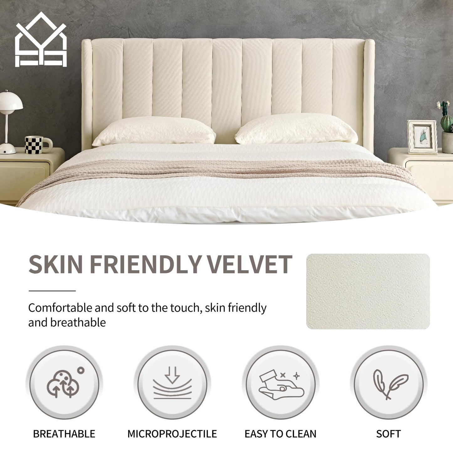 YUHUASHI upholstered Platform Bed Frame/Full Bed Frame/Modern Geometric Double-Wing Design headboard/Velvet Fabric/Easy to Assemble no Noise (Cream, Full)
