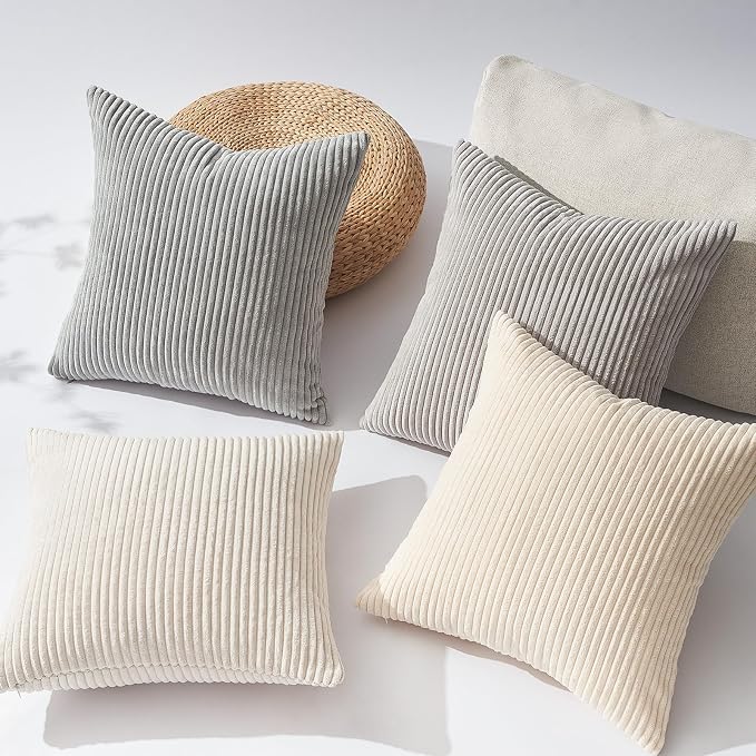 Topfinel 4 Packs Neutral Decorative Throw Pillows Covers 20x20 Inch for Living Room Couch Bed Sofa, Rustic Farmhouse Boho Neutral Home Decor, Soft Plush Striped Corduroy Square Cushion Case 50x50 cm