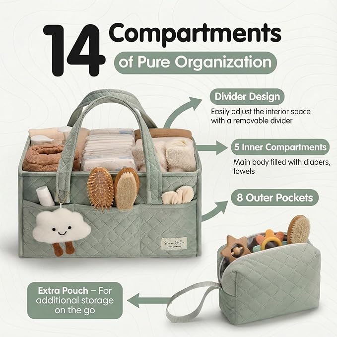 PeraBella Baby Diaper Caddy Organizer, Baby Basket Shower Gift, Portable Changing Table Basket, Postpartum Caddy & Tote Bag Pouch, Newborn Boy & Girl Nursery Essentials Registry, Car Diaper Organizer