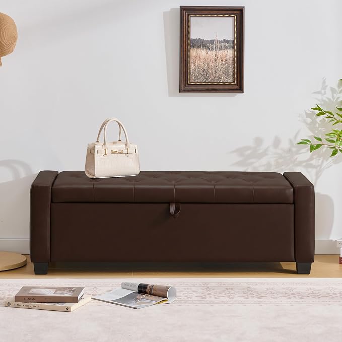 Huatean Home 48" Ottoman with Storage, Storage Ottoman Bench with Safety Hinge, Upholstered Entryway Bench with Seating for Bedroom, Living Room, Holds up to 330 lb, Dark Brown