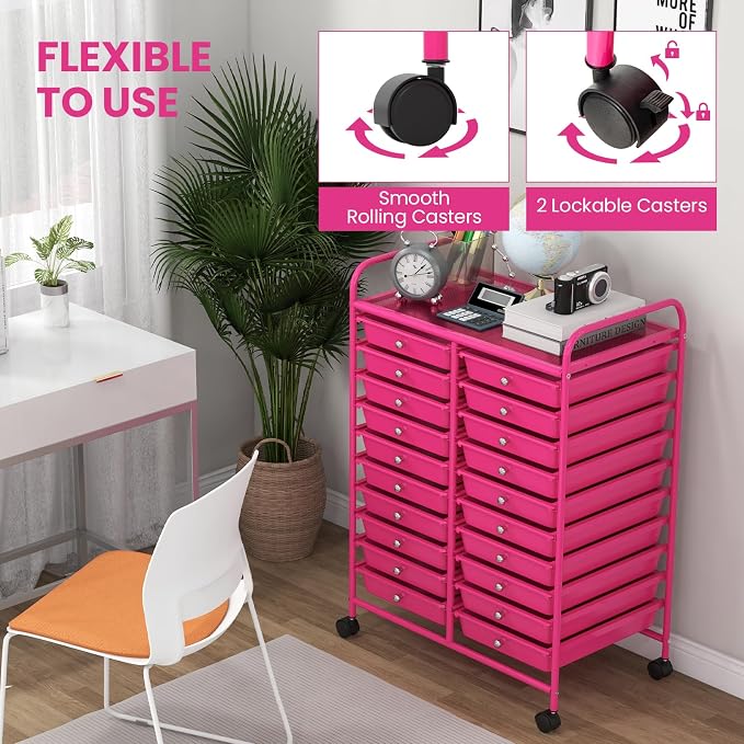 Giantex 20 Drawers Rolling Cart, Mobile Storage Drawer Cart, Classroom Organizer for Office School Supplies Teacher Tools Scrapbook Paper Craft Small Printer, Utility Stand on Wheels, Hot Pink