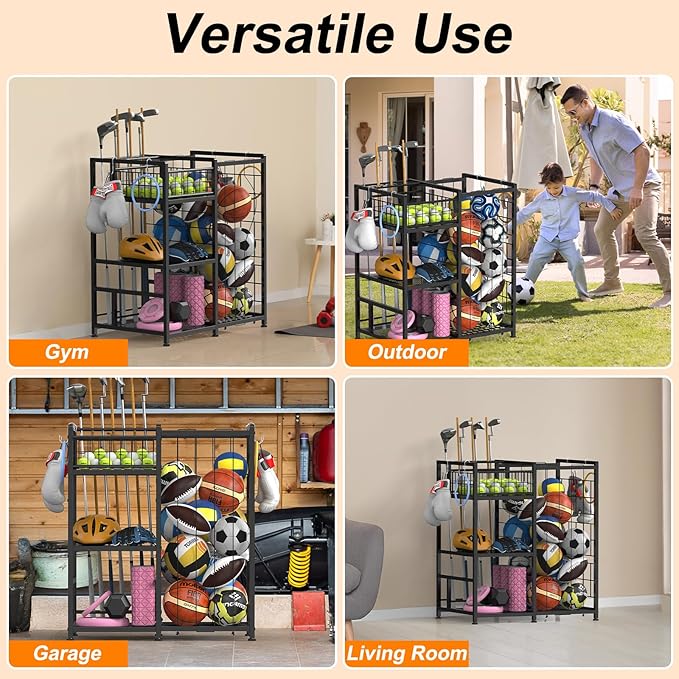HEOMU Sports Equipment Organizer with Elastic Cords and 4 Hooks, Metal Garage Ball Organizer for Indoor Outdoor, Ball Storage Rack with Basket for Sports Gear and Toys, Black