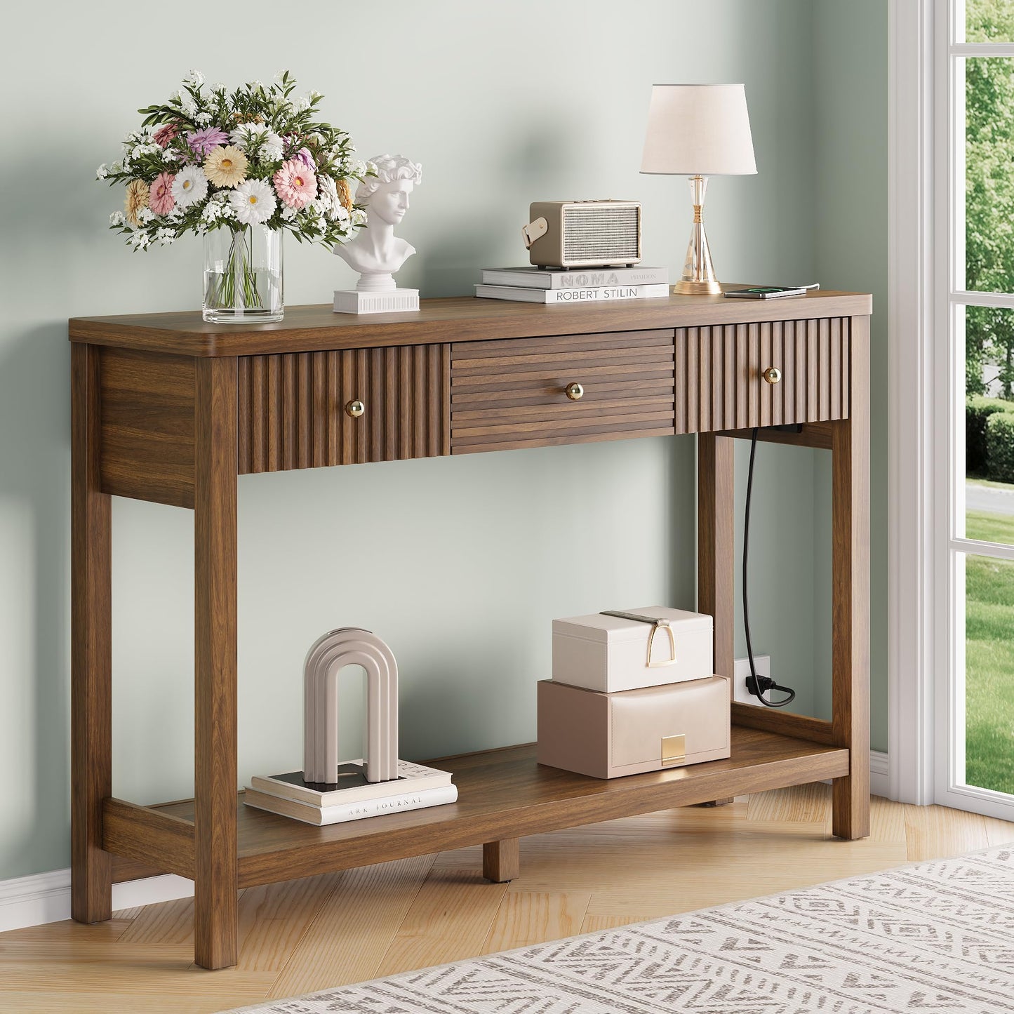 47 Inch Fluted Console Table with Outlets and USB-C Port, Mid Century Modern Sofa Table with 3 Drawers and Open Shelf, Entryway Table with Charging Station for Behind Couch, Hallway, Foyer, Walnut
