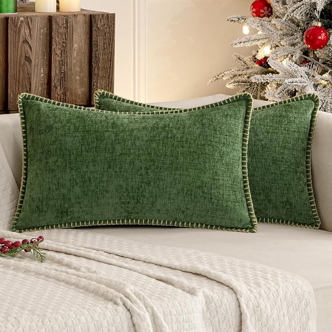 MIULEE Pack of 2 Lumbar Throw Pillow Covers 12x20 Inch Moss Green Farmhouse Decorative Pillow Covers Stitched Edge Soft Chenille Solid Dyed Pillow Covers for Couch Sofa Bed Living Room, Forest Green