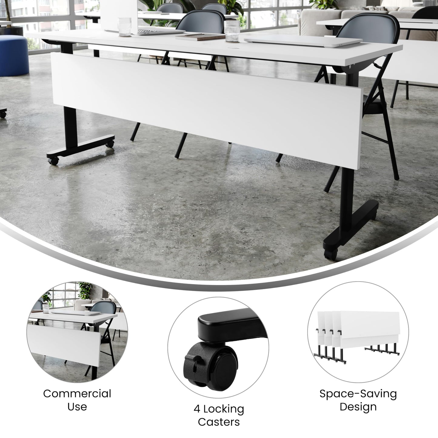 Flash Furniture Palmer Commercial Nesting Flip Training Table, Heavy-Duty Steel Frame and T-Legs, Modesty Panel, 1" Thick Tabletop, 72" x 24", White Top/Black Frame