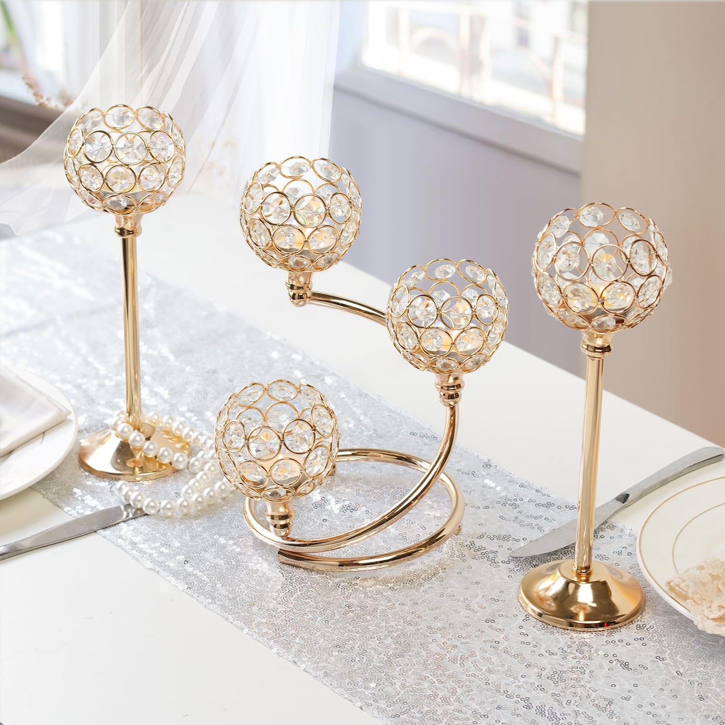 KEHAIL Gold Metal Crystal Candle Holder Set of 3 - Elegant 5-Arm Metal Tea Light Centerpiece with Shining Crystal Bowl, Wedding Anniversary Table Decor for Dining, Party
