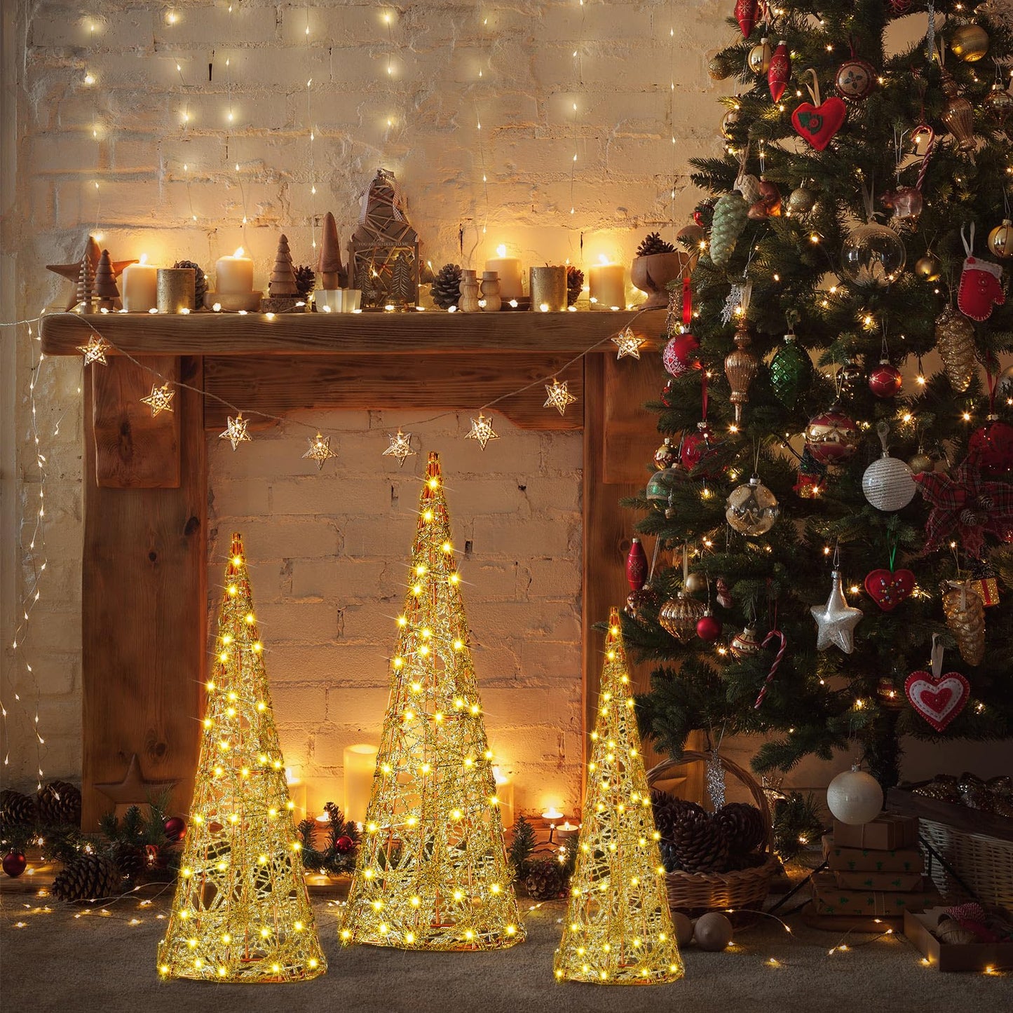 Baquler 3 Pcs LED Lighted Christmas Cone Trees Christmas Tree Ornament Gold Glittered Battery Operated Christmas Decoration Xmas Table Decor for Indoor Home Bedroom Tabletop Centerpiece Holiday Party