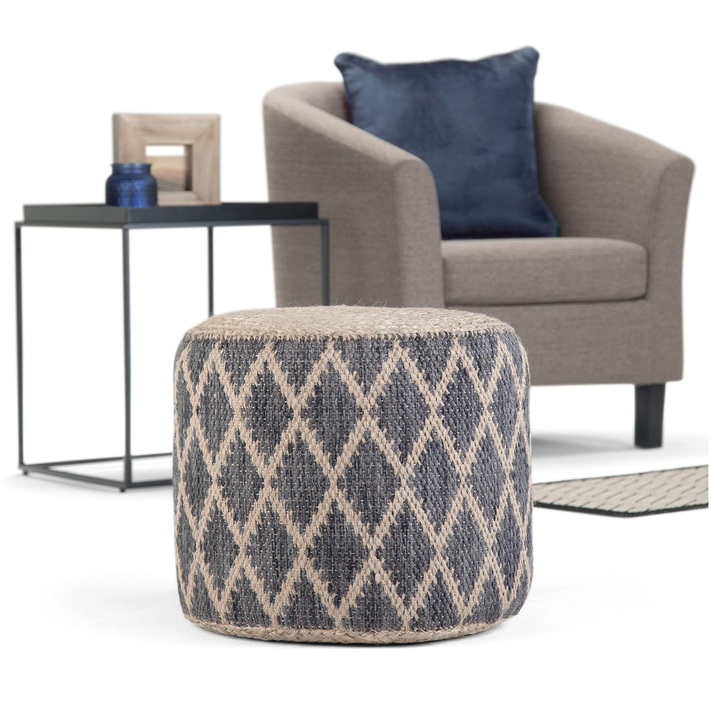 SIMPLIHOME Edgeley Round Pouf - 18 inch Wide Handwoven Jute and Cotton Ottoman in Grey and Natural, Boho-Style Footstool or Extra Seating for Living Room, Bedroom, or Kids Room, Assembled