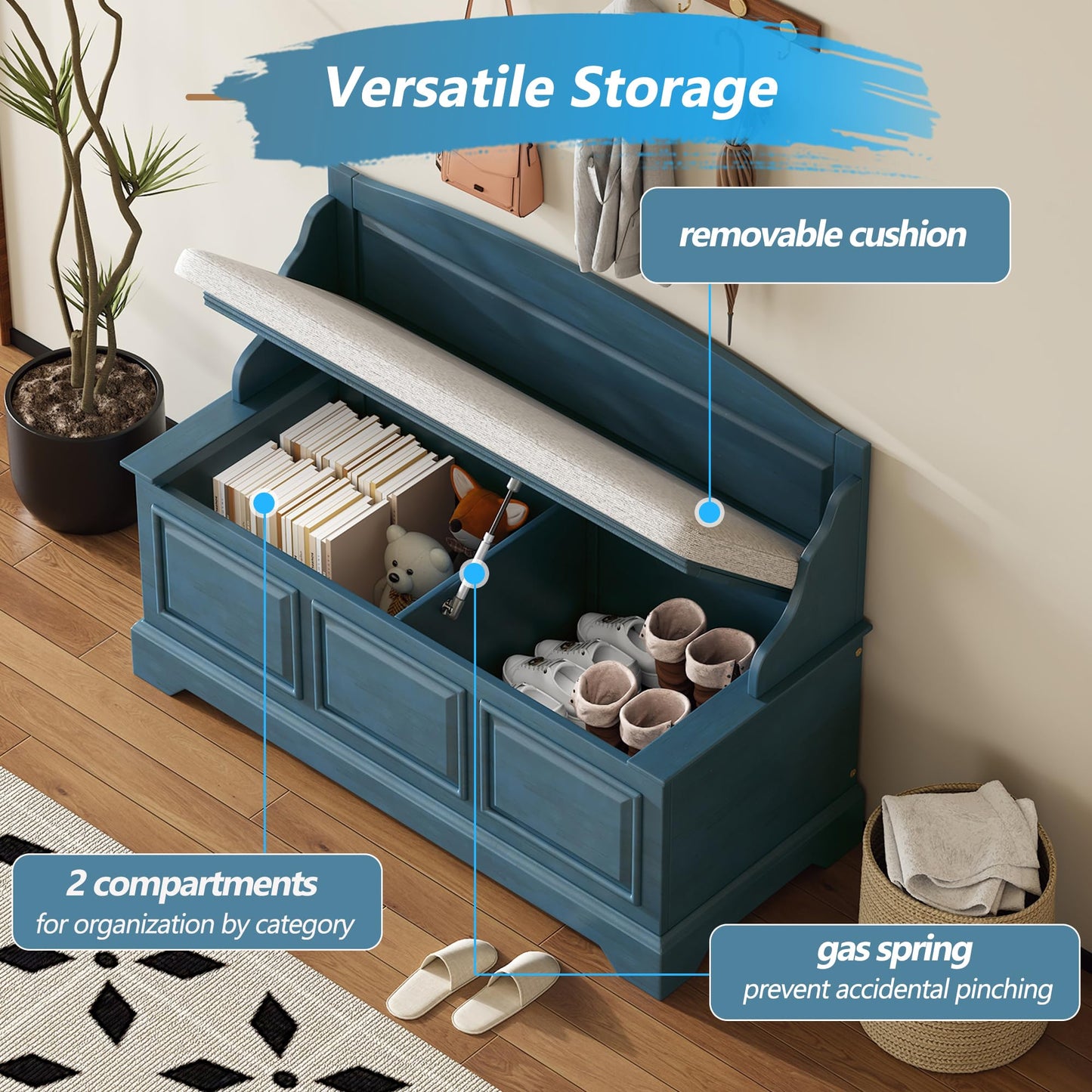 P PURLOVE Farmhouse Storage Bench,Wood Entryway Storage Bench Shoe Bench with Removable Cushion for Living Room,Entryway,Hallway