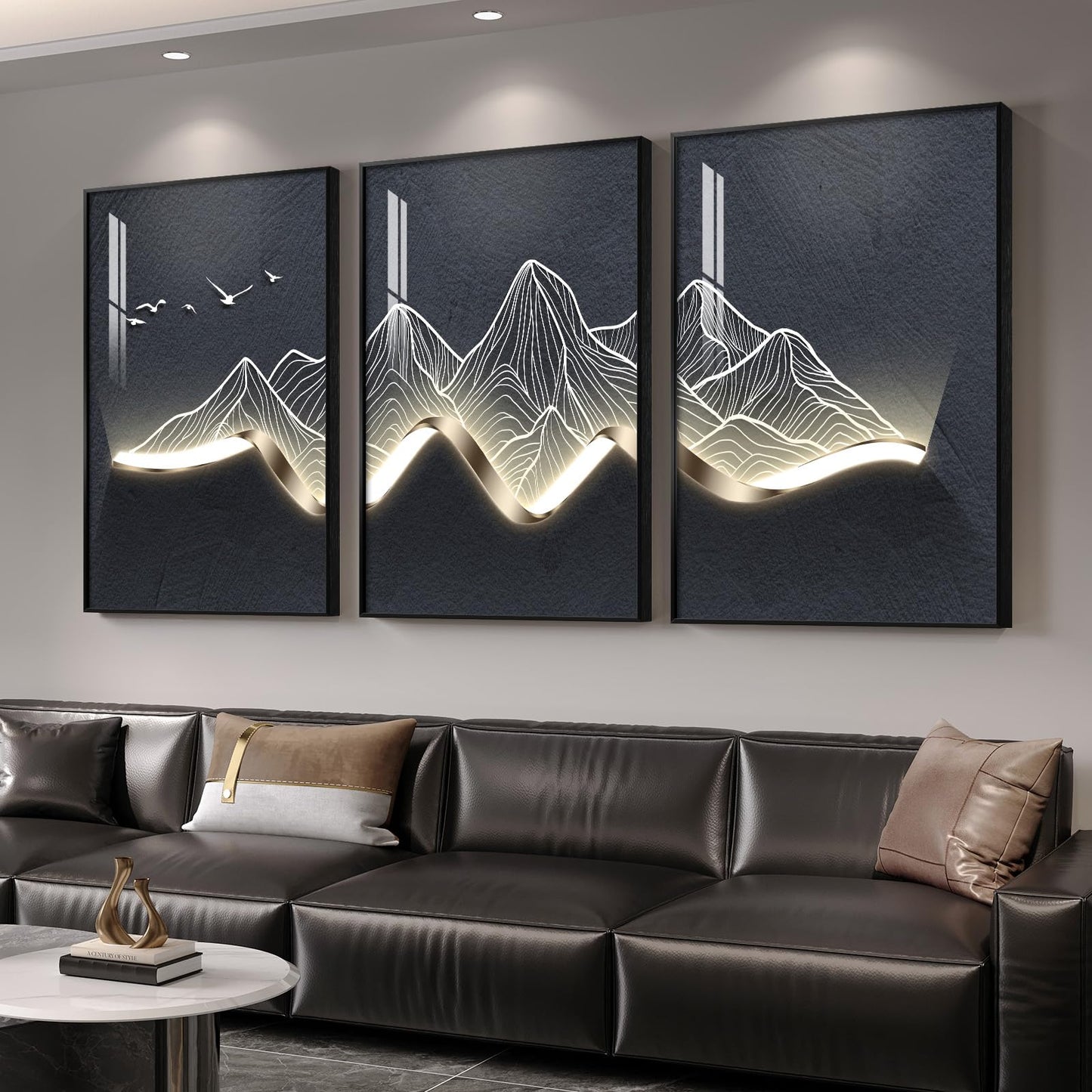 Large Framed Modern Abstract Mountain Wall Art for Living Room, 3 Piece Contemporary Minimalist Prints Paintings, Elegant Luxury Pictures for Entryway, Bedroom, Home Office Wall Decor 24x36 In