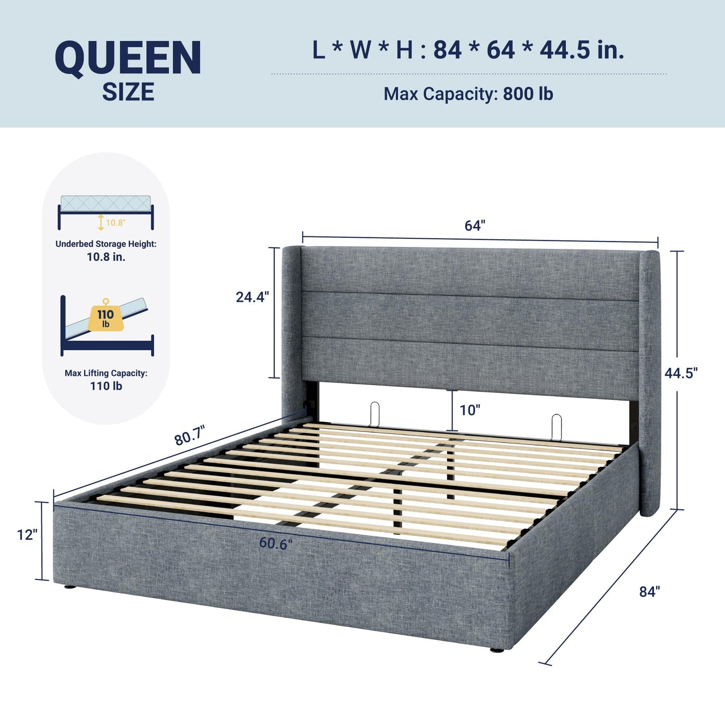 Allewie Queen Size Lift Up Storage Bed, Modern Wingback Headboard, Hydraulic Support, No Box Spring Needed, Grey Blue