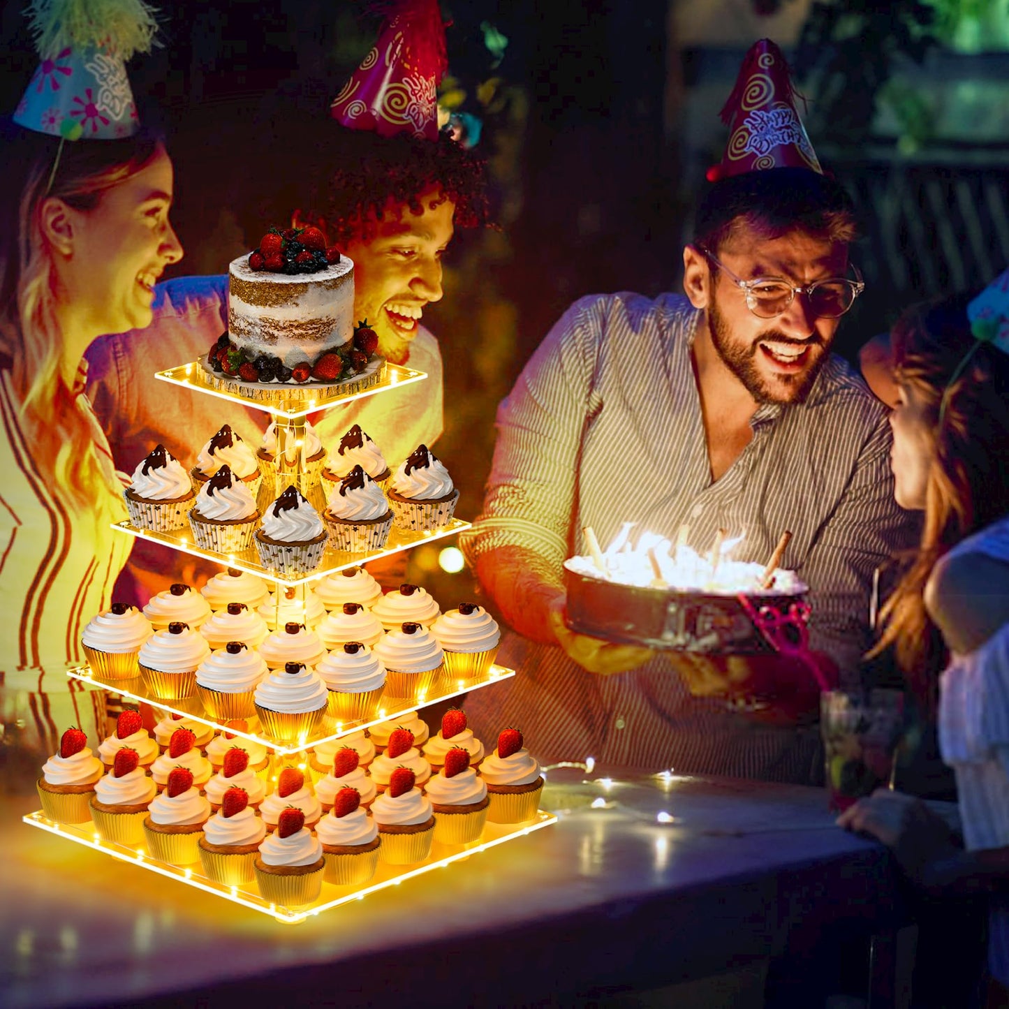 YestBuy Cupcake Stand with Yellow Led Lights, 4 Tier Cupcake Stand for 50 Cupcakes, Acrylic Cupcake Tower Stand, Clear Tiered Cupcake Holder for Birthday Cady Bar Décor Weddings, Parties Events