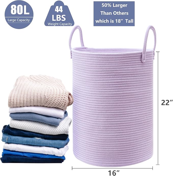 80L Extra Large Purple Hamper Laundry Basket for Nursery Kids 16Dx22H inches Tall Lavender Blanket Basket for Girls Cotton Rope Lilac Clothes Hamper in Bedroom