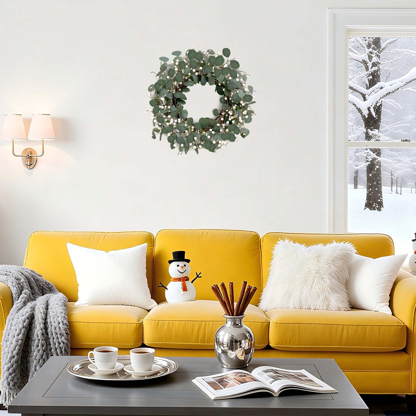 MAINGKAUNG Green Eucalyptus Wreath 22inch Greenery Wreaths for Front Door Artificial Winter Wreath with Green Eucalyptus Leaves White Berries for Winter Christmas Window Wall Indoor Holiday Decoration