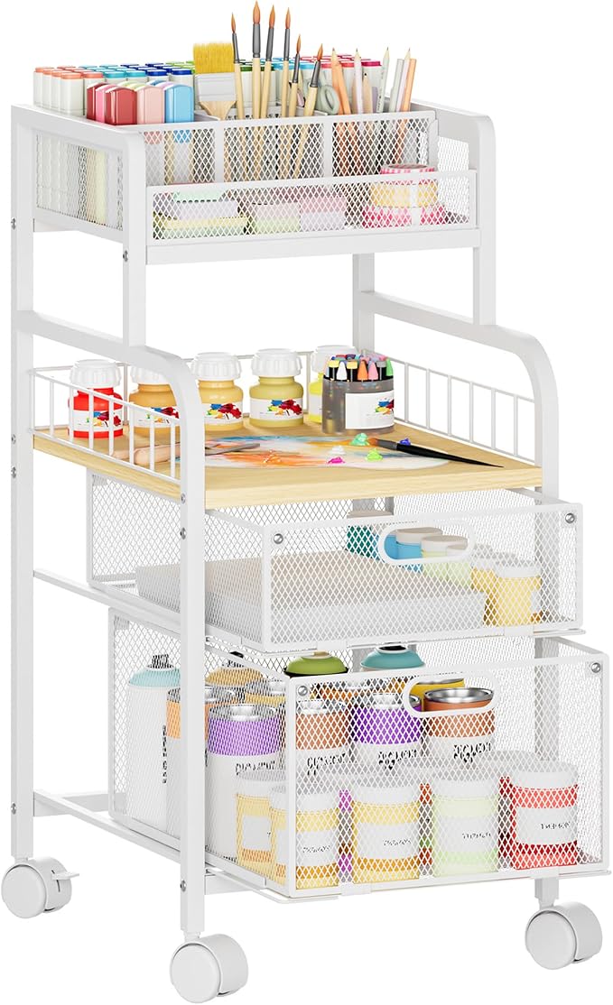 SWTYMIKI Rolling Cart with Drawers - Metal Craft Cart with Wheels, DIY Divider and Wood Shelf, Art Supply Organizer for Under Desk Storage, Utility Storage Cart for Home Office Studio, White