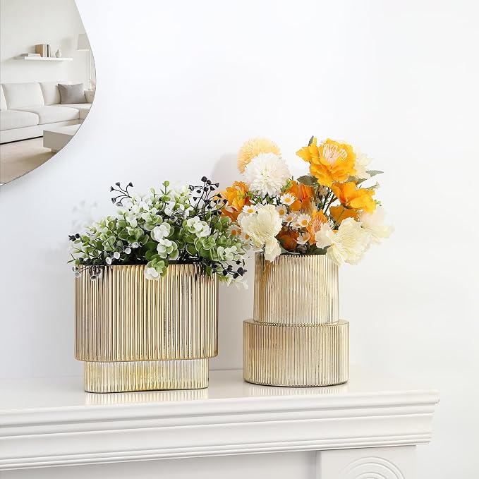 Gold Glass Vases, Set of 2 Ribbed Vases for Flowers, Gold Vase for Tulips, Modern Glass Vase for Living Room, Dining Table, Office, Entryway, Mantle, Bookshelf, Wedding Gifts