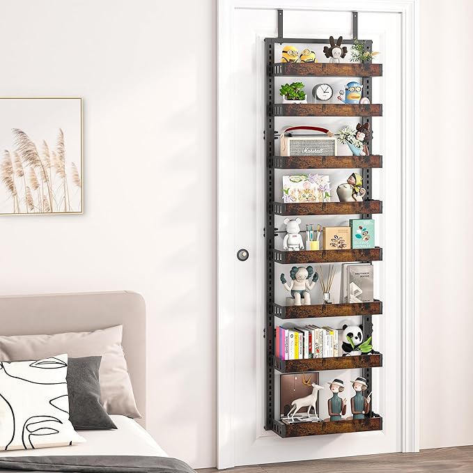 BUKFEN 8-Tier Over the Door Pantry Organizer, 2-in-1 Door Hanging or Wall Mounted Spice Rack, Heavy Duty Metal Storage Shelves with Adjustable Wooden Baskets for Kitchen Bathroom Closet