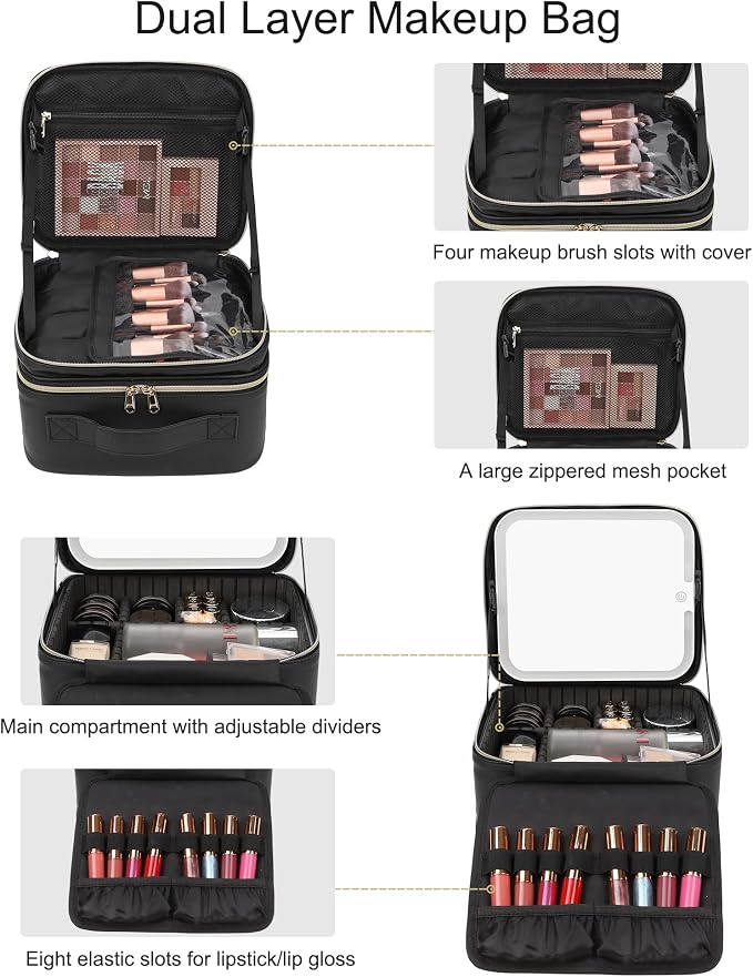 Chomeiu Makeup Bag with LED Mirror, 2 Layer Travel Makeup Case for Women and Makeup Artists Cosmetic Organizer Large Make Up Bags, 3 Color Lights, Adjustable Dividers and Brush Holder