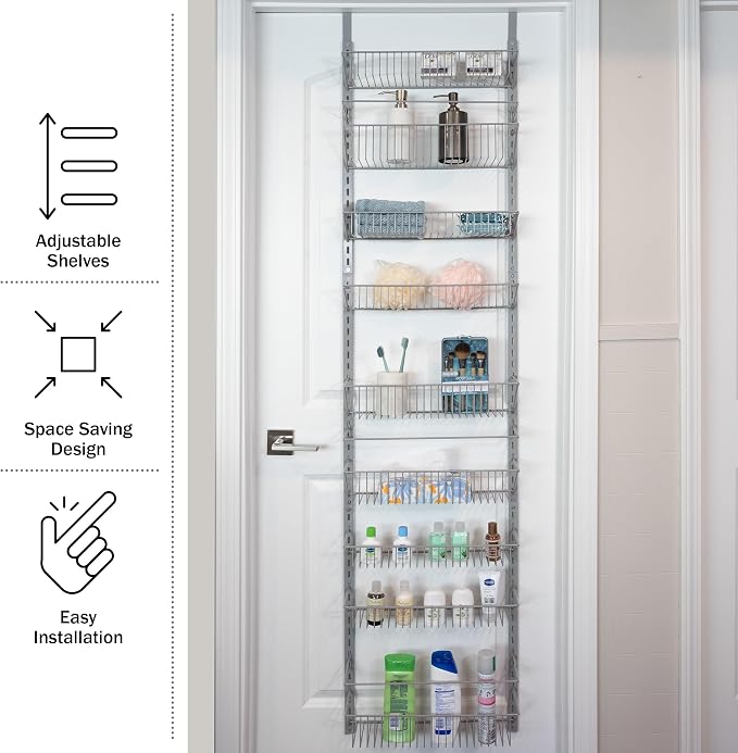 Home-Complete Over the Door Organizer - 9-Tier Hanging Wall Rack for Bathroom or Kitchen Organization - Pantry Organization and Storage (Platinum)