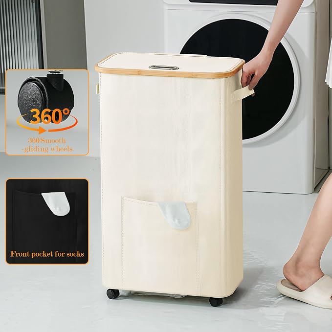 Laundry Basket with Wheels, Dirty Clothes Hamper on Wheels, Rolling Tall Laundry Hamper with lid for Laundry Room, Dorm and Bathroom, 75L Beige