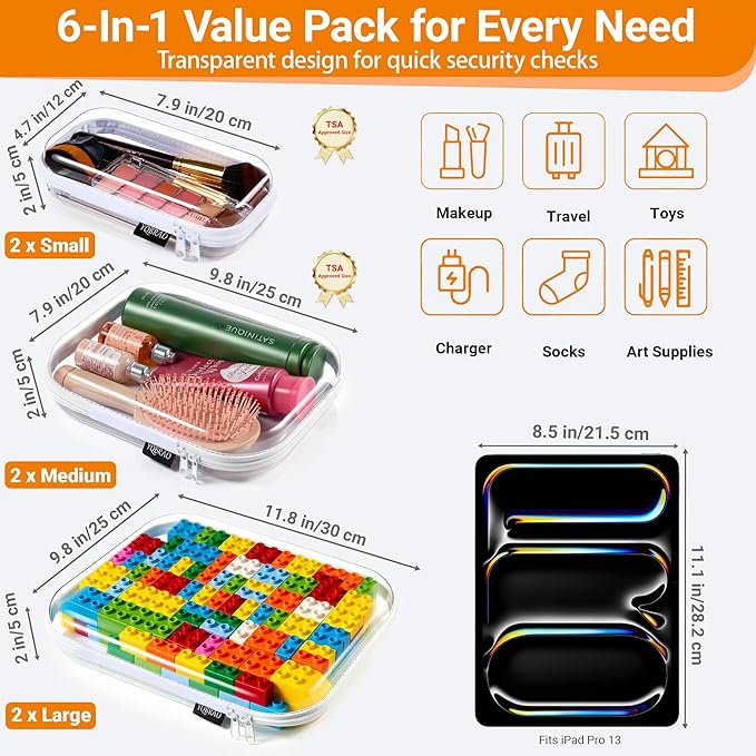 YQBRAO 6 Pack Clear Hard Shell Zipper Case, 1.2mm Heavy Duty Crush-Proof Diaper Bag Organizer Pouches, TSA Approved Travel Makeup Bag for Toiletries & Electronics, (2L, 2M, 2S) Multi-Size Storage Set