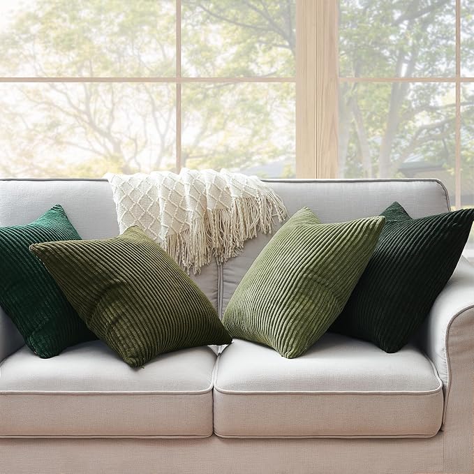 Topfinel Couch Throw Pillows Covers 18x18 Inch Set of 4,Olive Emerald Green Corduroy Decorative Cushion Case,Rustic Fun Living Room Decor fundas para cojines