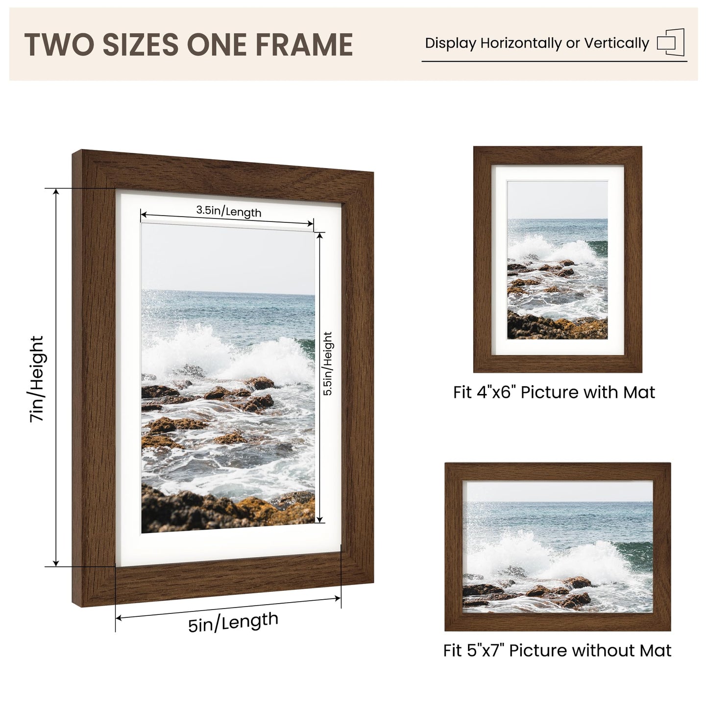 FLYJOE 5x7 Oak Wood Picture Frame with Mat for 4x6, 5 by 7 USA-Sourced Natural Solid Wooden Photo Frame for Wall & Tabletop Display, Shatterproof Plexiglass, 1 Pack, Walnut Color