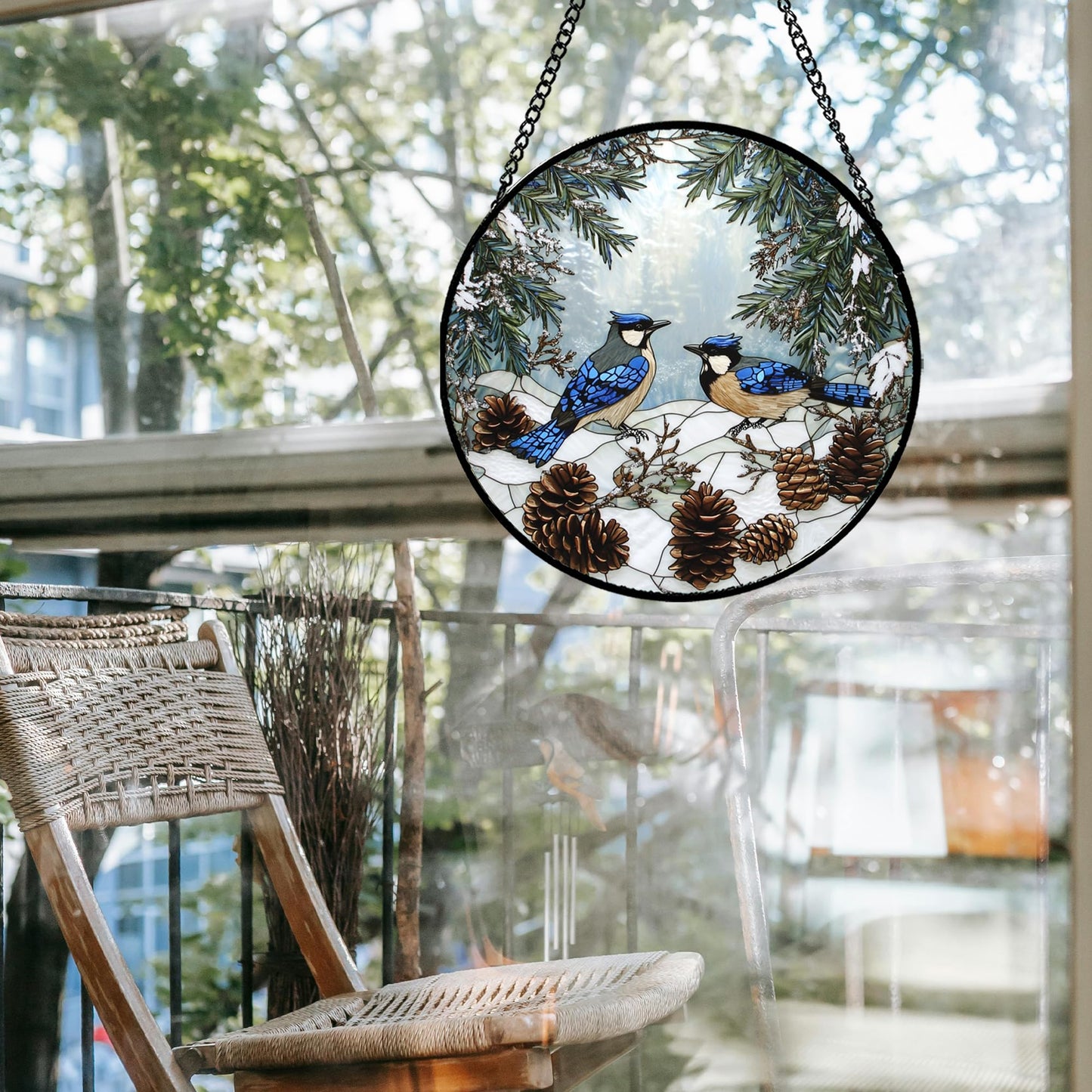 HWRHTR Stained Glass Window Hanging - Blue Bird Winter Forest Landscape Suncatcher for Door Garden Yard Sun Catchers Decor Christmas Mother's Day Birthday Gifts for Women Mom Nana Friend 7.8 in