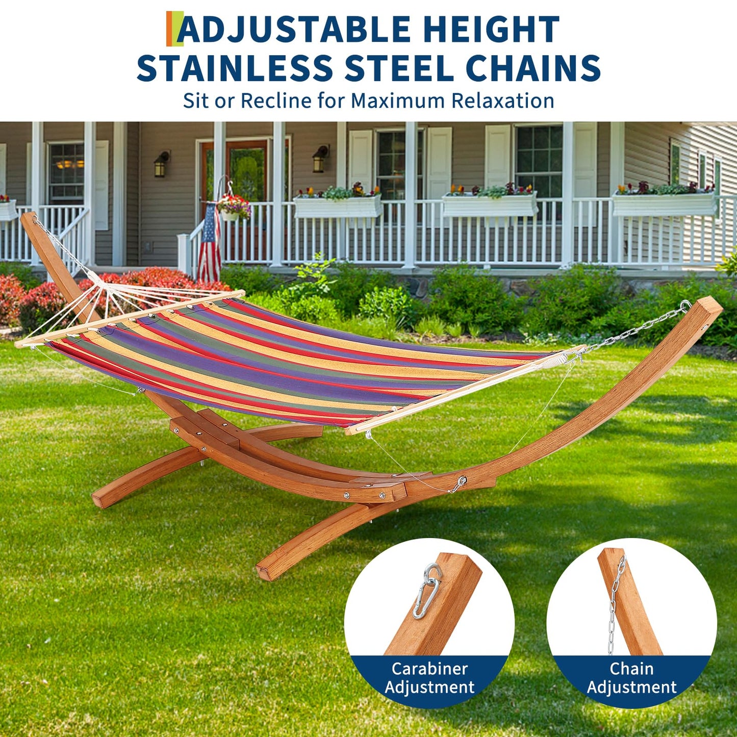 Festisoul Curved Wooden Hammock Stand, Heavy Duty 475 LBS Weatherproof Hammock Frame, Adjustable Height Stand for 9-13FT Hammocks, Indoor/Outdoor Patio Hammock Stand with Chains & Carabiners