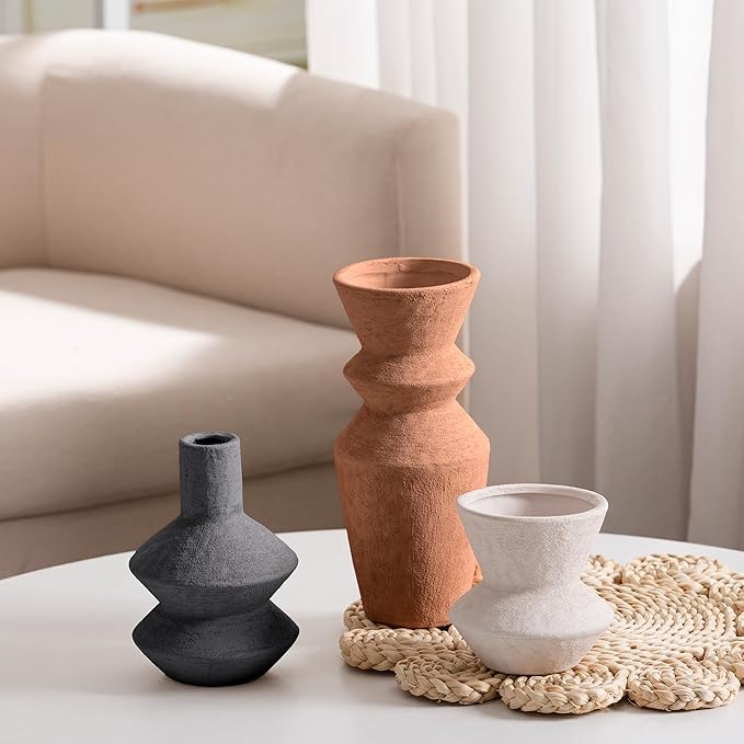 Ceramic Vase Home Table Decor - Flower Vase Set of 3 Living Room Kitchen Decorations Farmhouse Modern Rustic Vases Decorative Centerpiece for Shelf Bedroom Office Bathroom Dining Coffee Desk