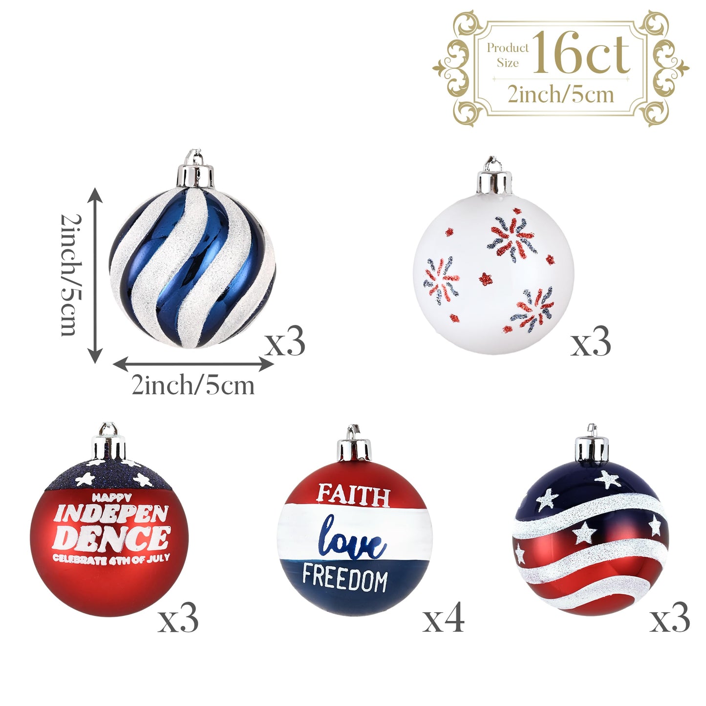 Valery Madelyn 4th of July Tree Decorations for Patriotic Memorial Day Ornaments, 16ct 2 Inches Red White Blue Shatterproof Americana Hanging Ball Decor for Independence Day USA 250th Anniversary