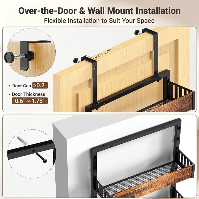 6-Tier Over the Door Pantry Organizer, 2-in-1 Door Hanging or Wall Mounted Spice Rack, Space Saving Metal Storage Shelves with Adjustable Baskets for Kitchen, Closet, Bathroom