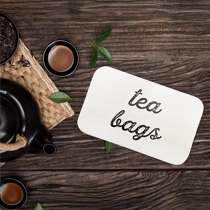 AuldHome Design Farmhouse Tea Bag Box (White), Vintage Retro Style Enamelware Tea Storage Tin