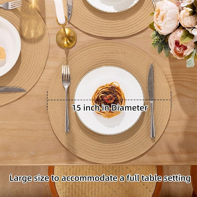 SHACOS 15 inch Round Braided Placemats Set of 6 Cotton Polyester Heat Resistant Round Table Mats Washable Place Mats for Dinner Party Table Decoration (Camel, 6)