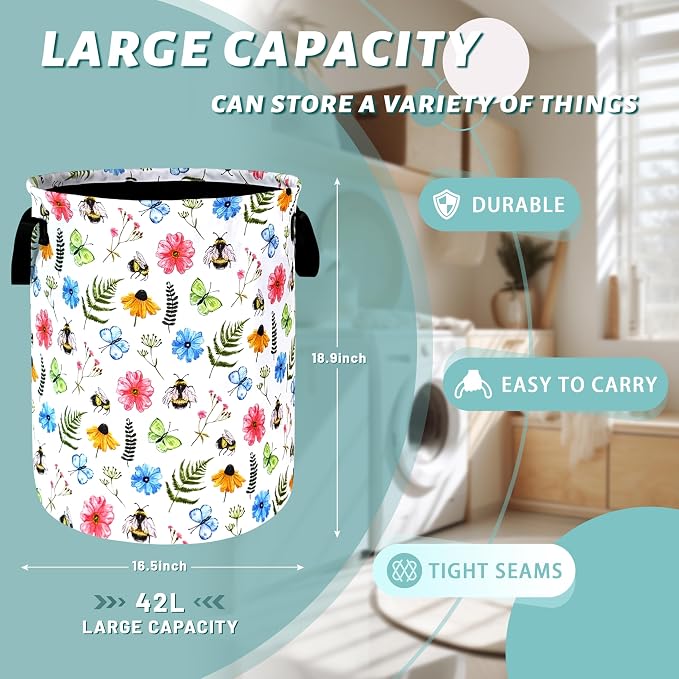 Cute Bee Floral Flowers Laundry Basket Foldable With Handles BeesTote Bag Oxford Cloth Colorful Laundry Hamper Clothes Storage Bucket Toy Organizer 18.9"x16.5" For Bathroom/Laundry/Bedroom