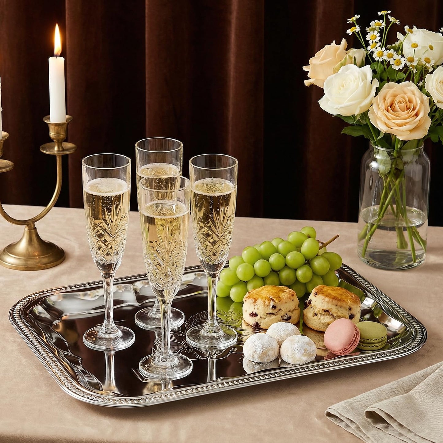 4 Pcs Large Silver Serving Trays, 15.7" x 11.8" Stainless Steel Rectangle Serving Tray, Decorative Silver Plates, Floral Engraved Tray, Metal Sizzler Plates for Coffee Table, Bar, Party, Club, Home