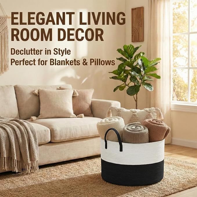 JMvicyroam 115L Extra Large Blanket Basket for Living Room - Woven Cotton Rope Laundry Hamper with Reinforced Handles - Storage Bin for Pillows, Comforters & Toys - Machine Washable,White&Black