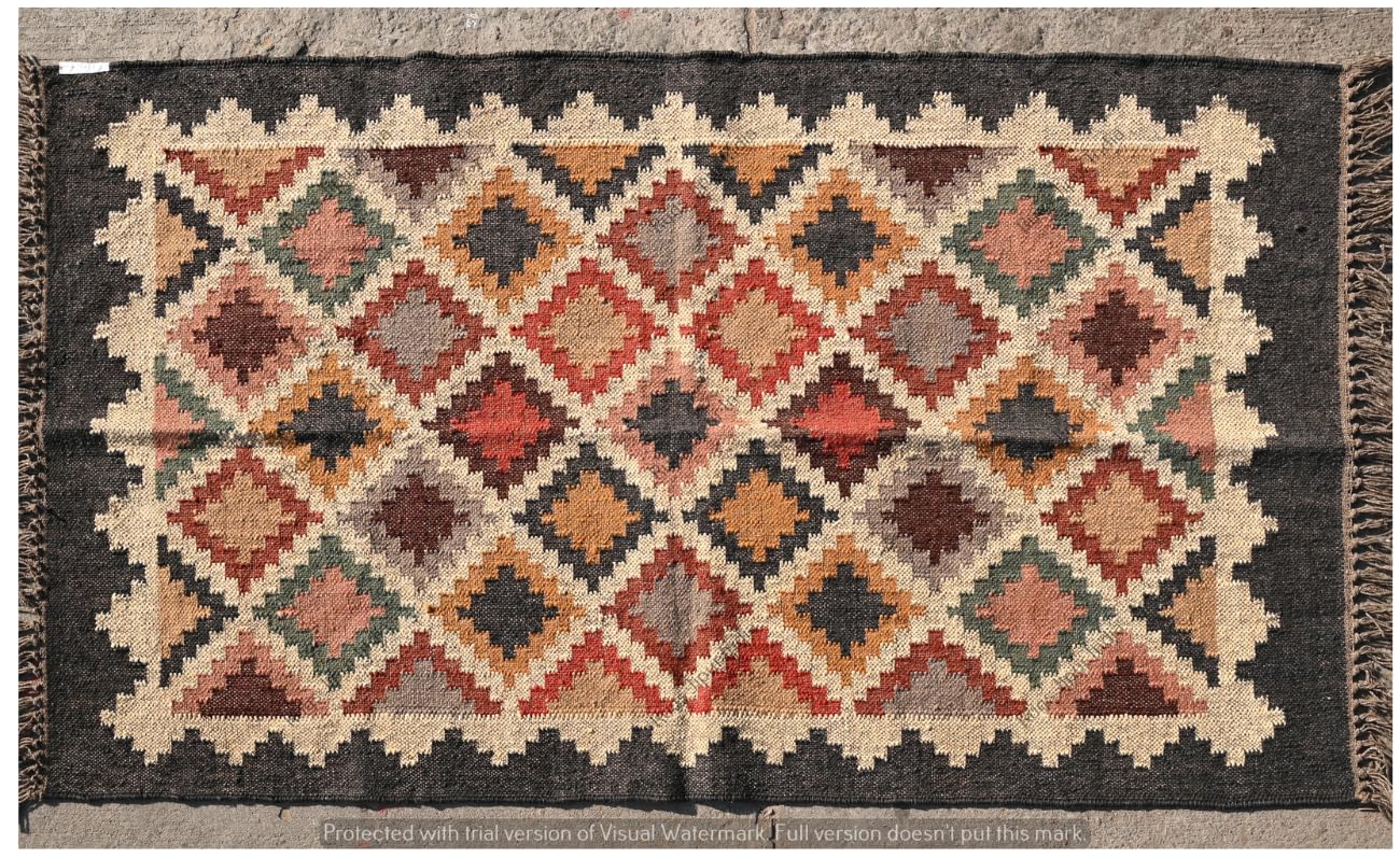 RugsJaipurIndia Boho Kilim Area Rug Wool & Jute Flatweave Handmade Tribal Geometric Rug Southwestern Farmhouse Carpet for Living Room Bedroom Kitchen Entryway 2X3