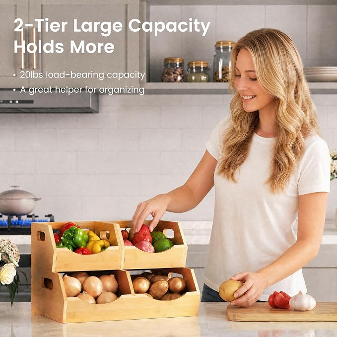 Potato and Onion Storage Bin, 2 Tier Bamboo Kitchen Storage Rack, Stackable Ventilated Pantry Organizer with Handles for Garlic Peppers Vegetables, Countertop Produce Bins, Natural Brown
