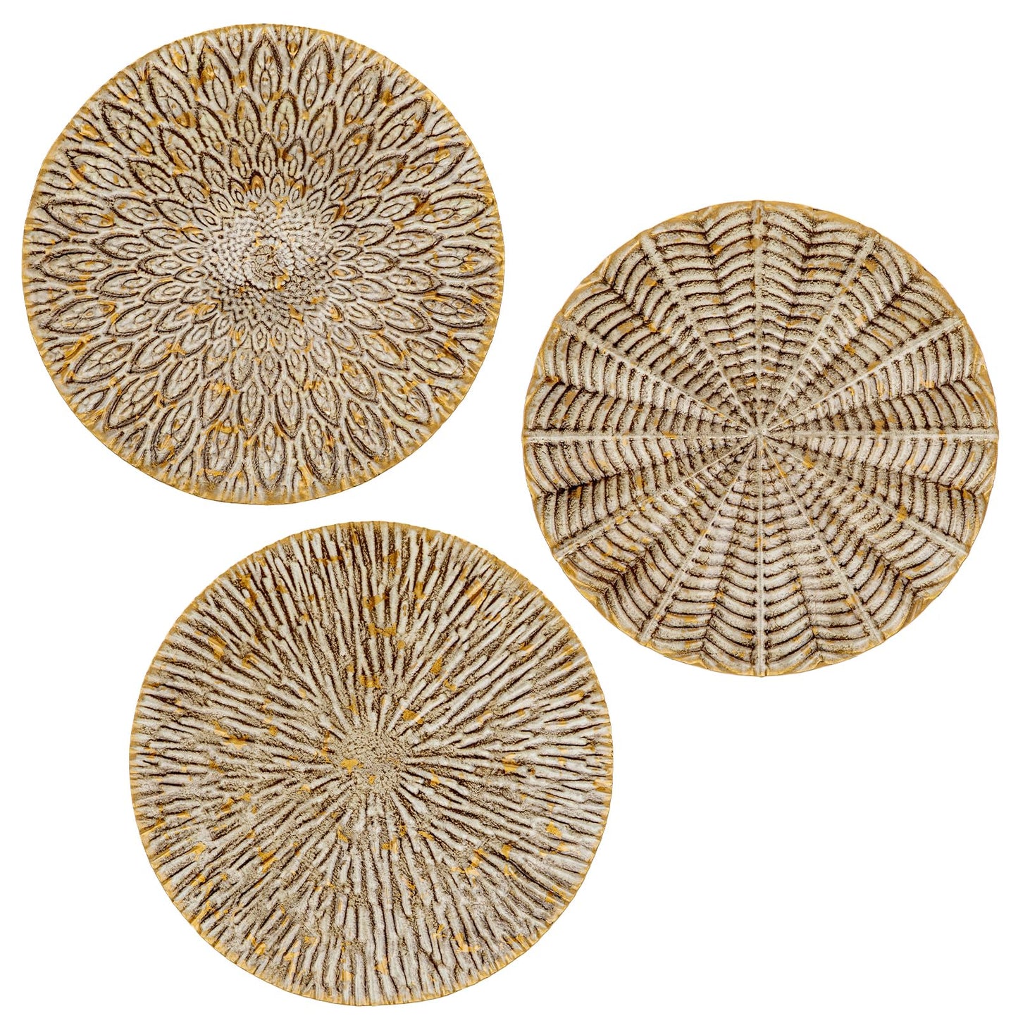 Arborus Set of 3 Rustic Floral Round Metal Wall Art - Intricate 3D Design with Sturdy Hooks, Gold and Beige Decorative Plates (11.8" Diameter)