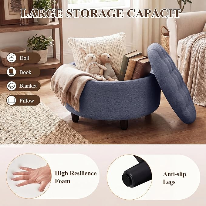 COLAMY Fabric Round Storage Ottoman with Reversible Tray Lid – Multi-Functional Footrest, Hidden Storage, Sturdy & Stylish Small Coffee Table for Living Room, Bedroom, or Entryway(Blue)