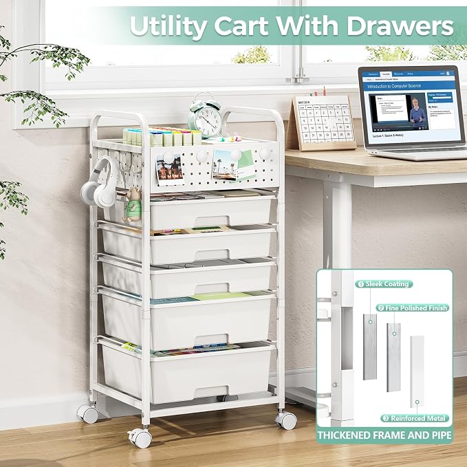 5 Drawer Rolling Storage Cart with Pegboard Top and Hooks, Mobile Utility Organizer with Wheels for Office Supplies, Craft Storage, Classroom Organization, Home Storage Cart, White