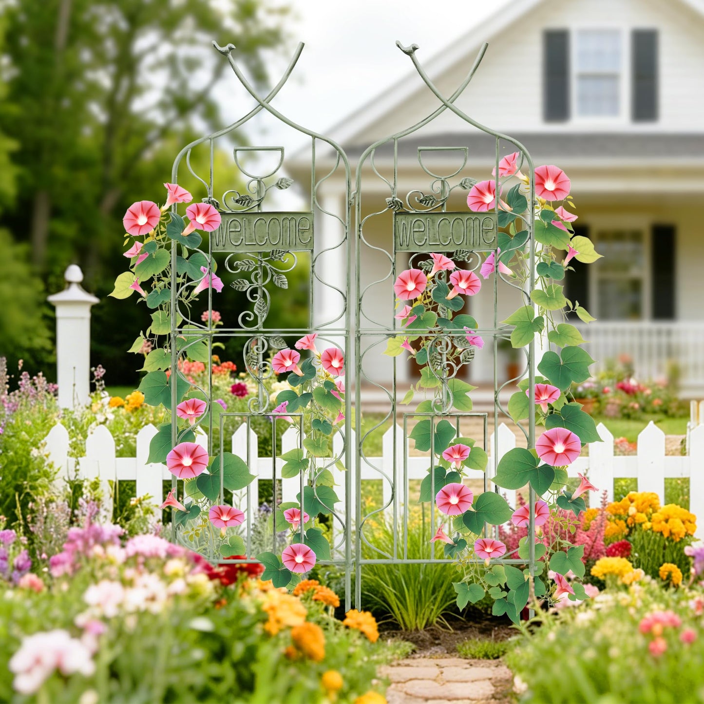 LZRS 2 Pack 59.5 * 18in Rustic Iron Arch Decoration Garden Trellis with Metal Coating – Perfect for Supporting Climbing Plants Outdoor, Roses, Vines, Flowers, and Vegetables, Antique Green