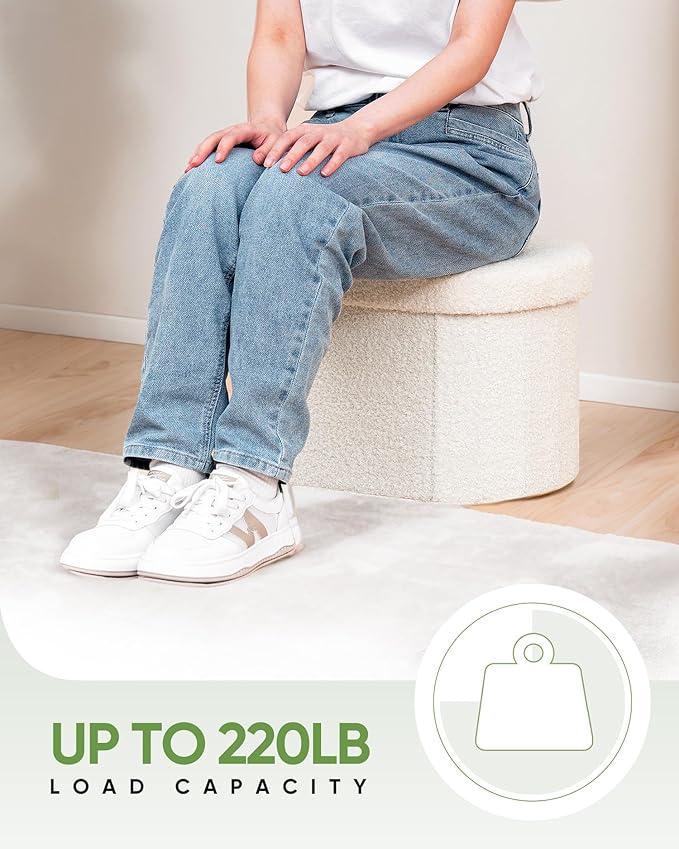 B FSOBEIIALEO Storage Ottoman for Dorm Room, Boucle Folding Storage Ottoman Foot Rest, 16.14 Inches Small Collapsible Ottoman Cube for Living Room White Cream