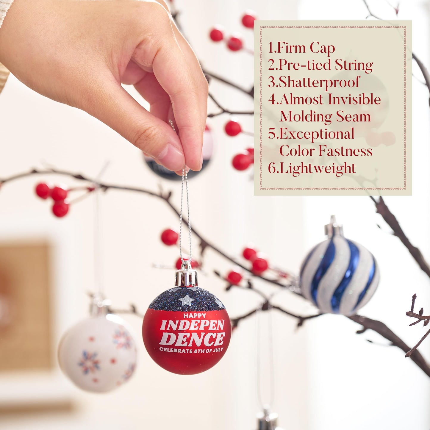 Valery Madelyn 4th of July Tree Decorations for Patriotic Memorial Day Ornaments, 16ct 2 Inches Red White Blue Shatterproof Americana Hanging Ball Decor for Independence Day USA 250th Anniversary