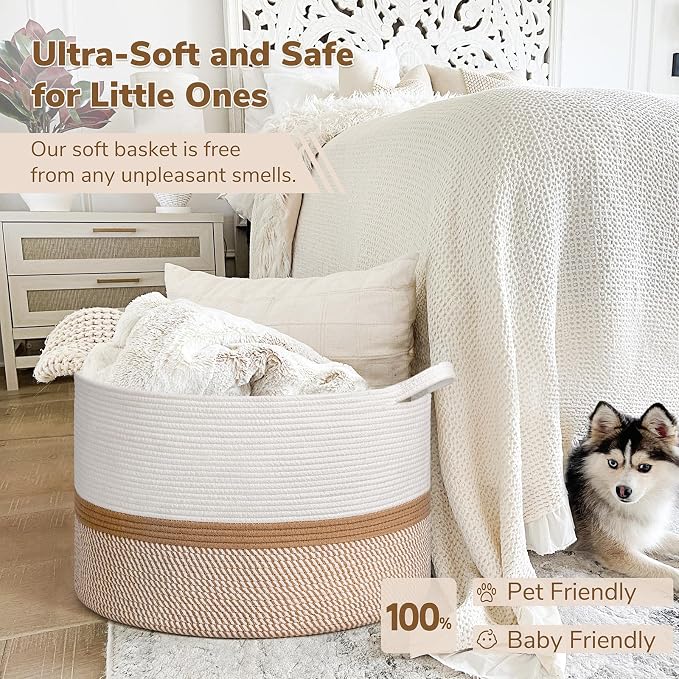 INDRESSME XXXLarge Cotton Rope Basket 21.7" x 21.7" x 13.8" Woven Baby laundry Blanket Basket for Home Decor Living Room Nursery, Toy Storage Baskets for Kids Boys Girls, White & Camel Mix